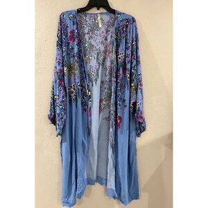 Free People Womens blue multicolored floral print long kimono cardigan oversized